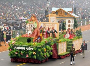 The tableau of Himachal Pradesh featuring a Chamba Rumal installation at the Republic Day Parade 2017 in New Delhi