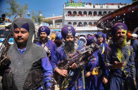 ANANDPUR SAHIB, INDIA - MARCH 13: Lakhs of devotees and Nihangs visited Anandpur Sahib and Kiratpur Sahib during the Three-day Hola Mohalla festival to pay their obiesance at various gurdwaras including Takht Sri Kesgarh Sahib on March 13, 2017 in Anandpur Sahib, India.(Photo by Sanjeev Sharma/Hindustan Times via Getty Images)